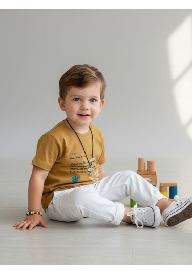 Zekids Erkek Bebek Pamuklu Baskılı T-shirt-16931 Sarı