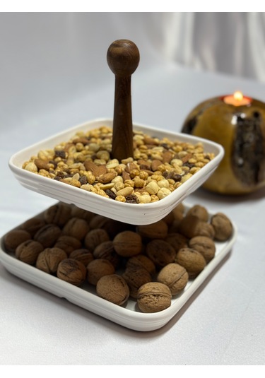 Aless 2 Katlı Ahşap Kulplu Seramik Sunumluk Çerezlik Meyvelik