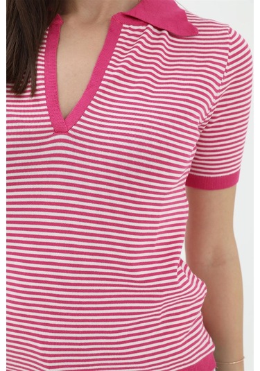 İnce Çizgili Polo Yaka Triko Kazak - Fuşya - Kadın