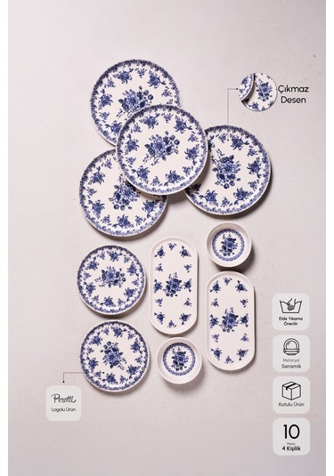 Antik Mavi 10 Parça 4 Kişilik Kahvaltı Takımı Cokrenklı Mavi