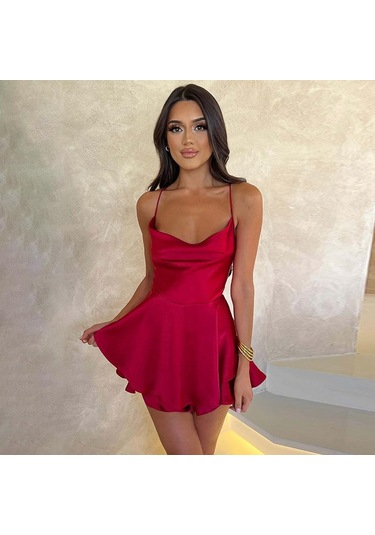 Yaz Kadın Elbise Kısa Seksi İnce İnce Sırtı Açık Düz Renk Askılı Elbiseler Kırmızı