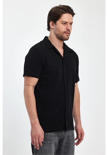 Erkek Rahat Kalıp Ottoman Kumaş Nefes Alabilen Pamuklu Apaş Yaka Gömlek Siyah