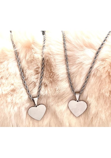 Gns Aksesuar Kalın Burgu Halat Zincir Kalp Detaylı Sevgili Kolye Seti Gümüş