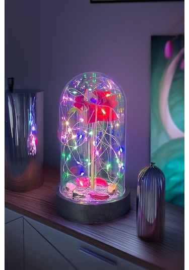 Anneler Gününe Özel Kırmızı Gül Rgb Fanus Lamba Usb'li Yapay Çiçek Dekoratif Aydınlatma Hediyelik