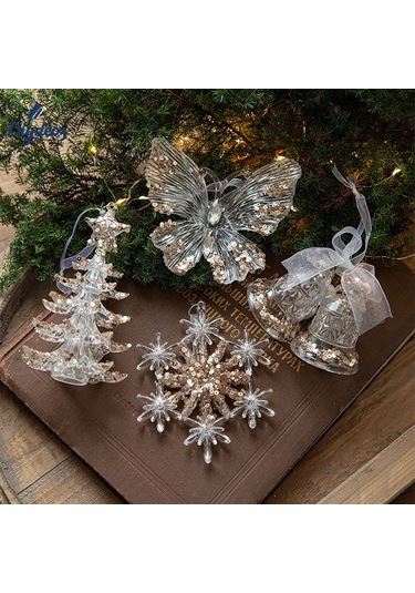 Geeksen Noel Açık Akrilik Yıldız Askılı Dekorasyonu - Parlak Yamaçlı Çift Zilli Ağaç Süs Eşyası