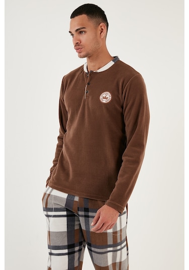 Buratti Regular Fit Bisiklet Yaka Kışlık Yumuşak Dokulu Polar Erkek Pijama Takımı 6096100 Camel