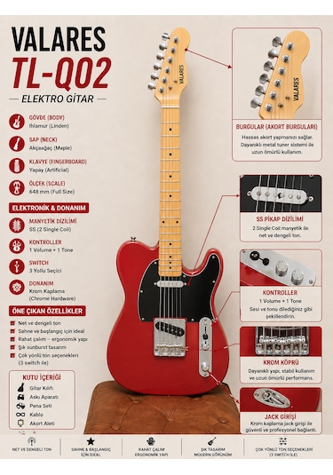Valares Tl-q02 Elektro Gitar Kırmızı Ve Seti