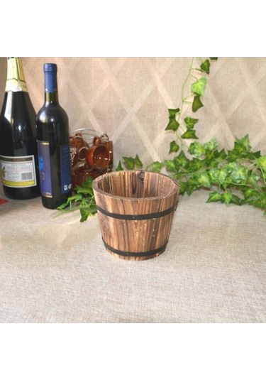 Rogfer Balkon Sebze Etli Karbonize Ahşap Saksı Retro Küçük Ahşap Kova Ev Dekorasyon, Boyut:m Düz Ağız