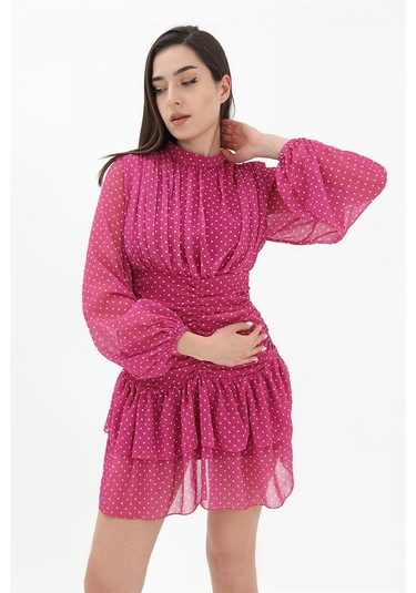 Büzgülü Puantiyeli Şifon Elbise - Fuşya-fuşya Fuşya