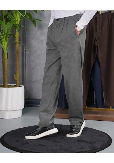 Modefendi Baggy Kesim Pile Detaylı Kumaş Pantolon Gri