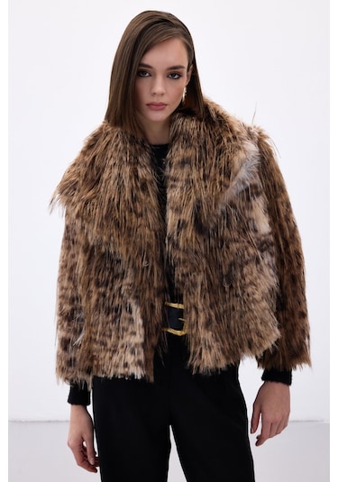 Sateen Leopar Desenli Kürk - Kahve-136710 Kahve