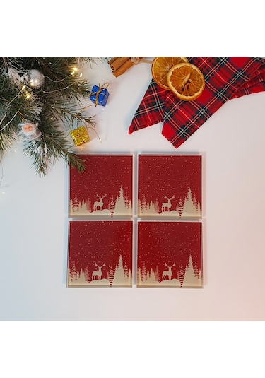 Decorita Cam Bardak Altlığı Yeni Yıl Kırmızı Slüet 4'lü Takım Kırmızı