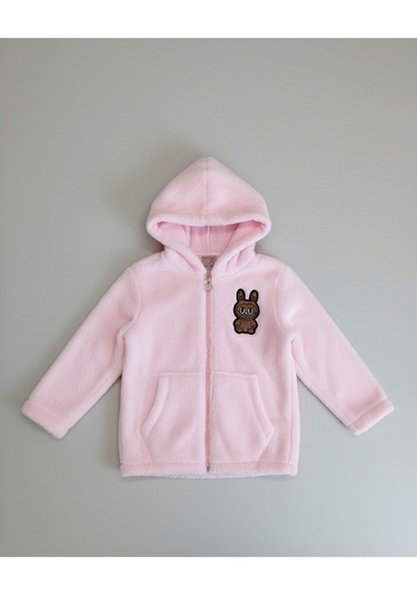 Labubu Nakışlı Pelüş Kapüşonlu Kız Çocuk Hırka Pembe