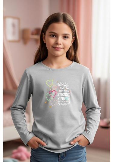 Yuvarlak Yaka Girls Baskı Detaylı Kız Çocuk Sweatshirt Gri