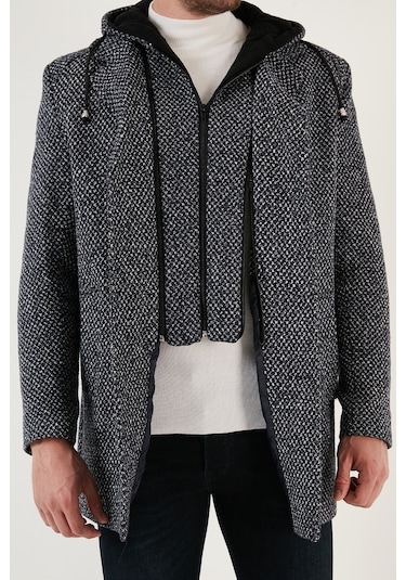 Buratti Çıkarılabilir Kapüşonlu Kırçıllı Slim Fit Kaşe Erkek Kaban 5841013 Lacivert Noktalı
