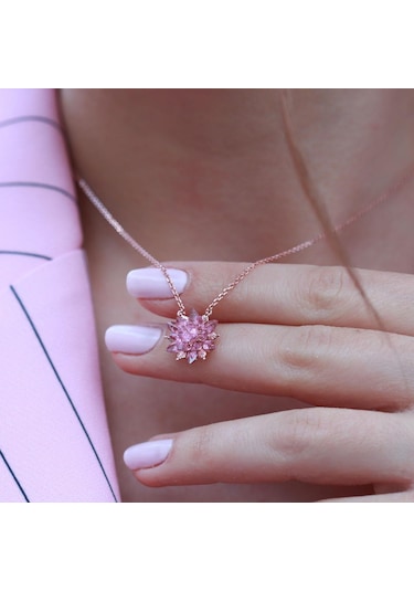 Pembe Kuvars Taşlı Lotus Çiçcekli Gümüş Set Gümüş