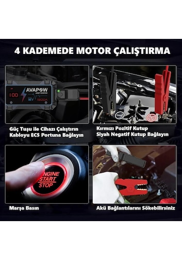 Avapow A9 29.6WH/8000MAH 1500A Jump Starter Taşınabilir Akü Takviye Kiti (Powerbank + LCD + LED Işık)