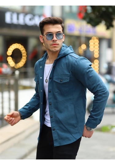 Petrol Renk Kapüşonlu Kot Ceket-1449 Petrol