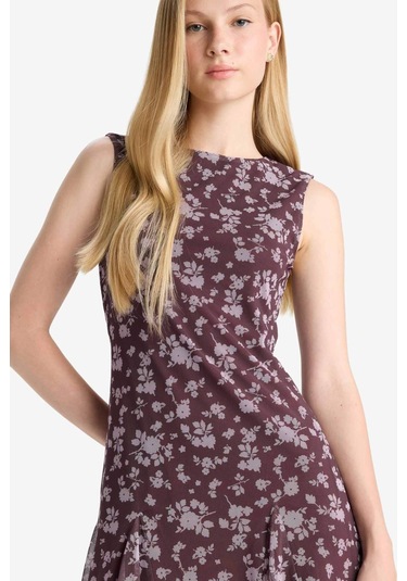 Defacto Coool Bisiklet Yaka Desenli Tül Kolsuz Mini Elbise F0415ax25wnbr232 Bordo