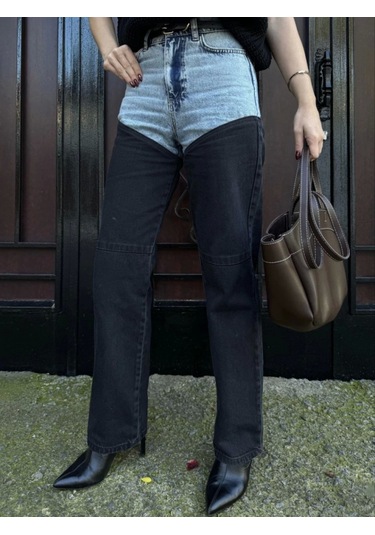 Sensuelle Jeans Kot Parçalı Palazzo Pantolon - Siyah Siyah