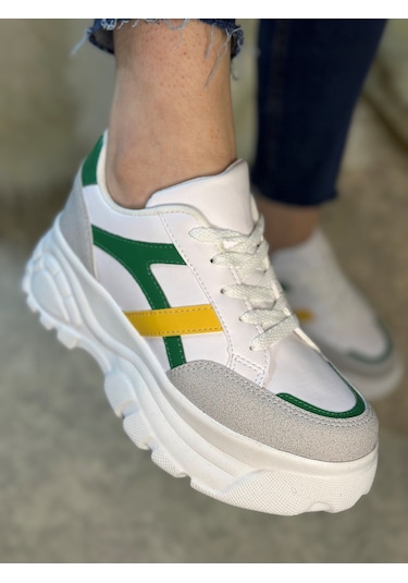 Günlük Kadın Sneaker Kalın Yüksek Taban Bağcıklı Rahat Tiger Şeritli Spor Ayakkabı 032 09-taş Yeşil Sarı
