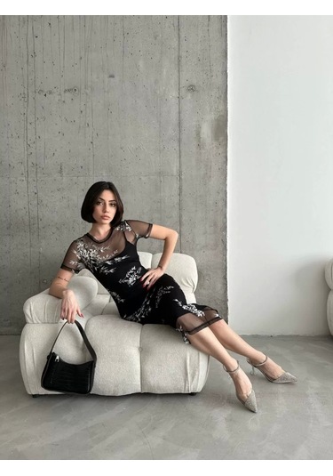 Kadın Baskılı Şifon Kimono Elbise - Siyah Siyah