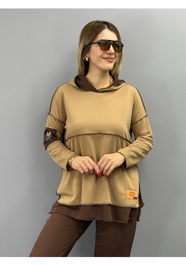 Modaserdem Kadın Kahve Kapşonlu Etek Ucu Detay Arma Ters Dikiş Gorunumlu Ikili Takım Sütlü Kahve