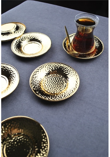 Qualitev 6 Adet Metal Çay Tabağı Dövme Desenli Çay Tabak 10 Cm Altın