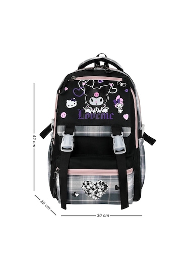 Kore Tarzı Aksesuarlı Ekose Desen Termal Beslenmelik Ve Kalemlikli Kız Çocuk Sırt Okul Çantası Seti Siyah - Pembe