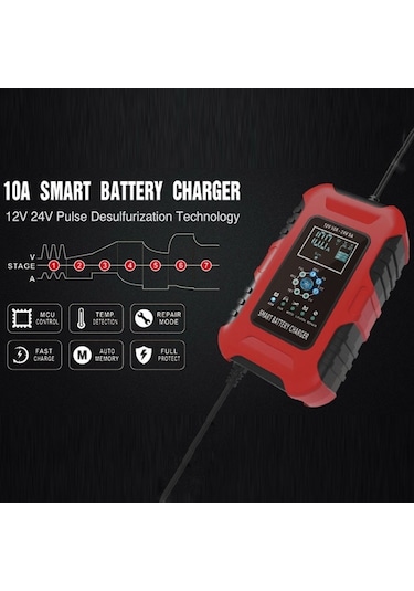 Foxsur 10a 12v 7-segment Motosiklet/araba Akıllı Akü Şarj Cihazı Kırmızı