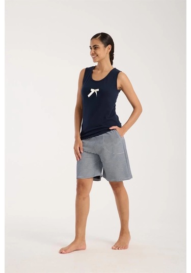 Giyim Kadın Lacivert Kurdele Detaylı Çizgili Şortlu Pijama Takımı Lacivert