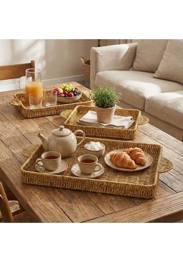 Buffer İç İçe Geçebilen 3 Lü Dikdörtgen Plastik Rattan Tepsi Seti Hasır Görünümlü