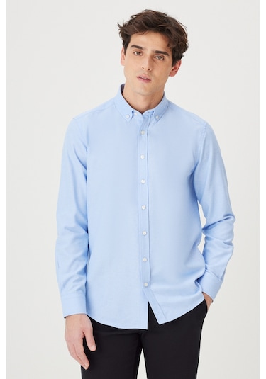AC&Co / Altınyıldız Classics Tailored Slim Fit Dar Kesim Düğmeli Yaka Oxford Erkek Gömlek Mavi