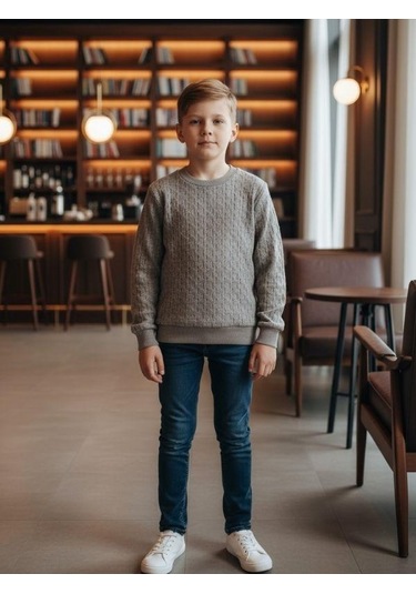 Erkek Çocuk Dokulu Kumaş Kazak-16353 Gri