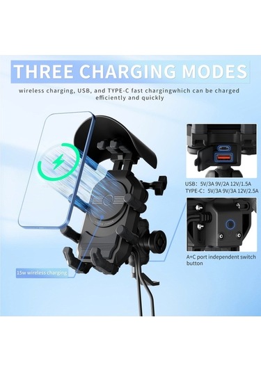 Besthome1 15w Kablosuz Şarjlı Motosiklet Telefon Tutucu, Anti-titreşim, Anti-yağmur, Güneş Koruyucu Telefon Tutucu Siyah