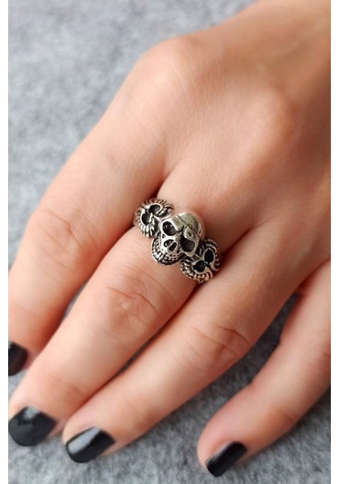 Antik Gümüş Kaplama Kuru Kafa Şekilli El Yapımı Ayarlanabilir Yüz - 509845115 Çok Renkli