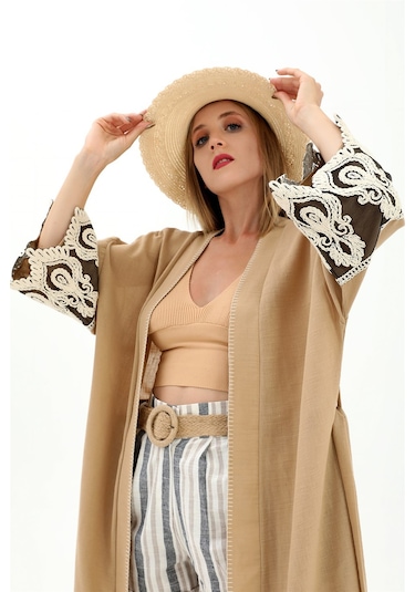 Wpr Kolları Dantelli Keten Kimono - Vizon-vizon Vizon