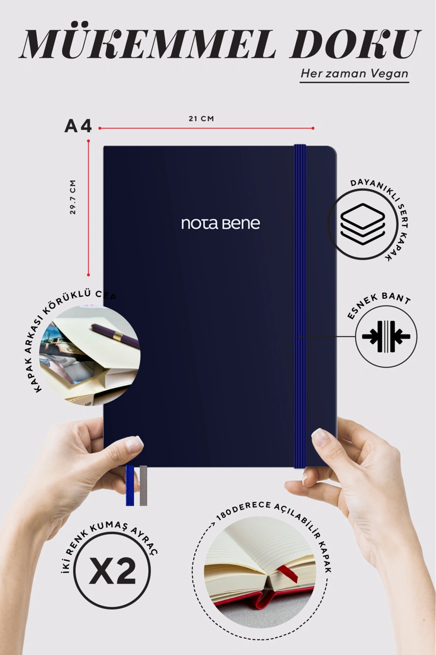 Nota Bene Premium Sert Kapak Defter, 21x29 Cm, Çizgili Lacivert