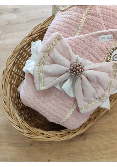 Pembe Triko Örgü Kız Bebek Batttaniyesi Kundağı Kalın Dantelli Yenidoğan Hastane Çıkışı Hediyelik Somon