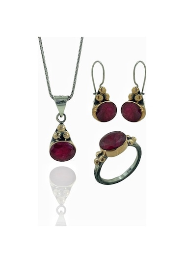 Doğal Yakut Taşlı El Üretimi Otantik 925 Gümüş Set Takım