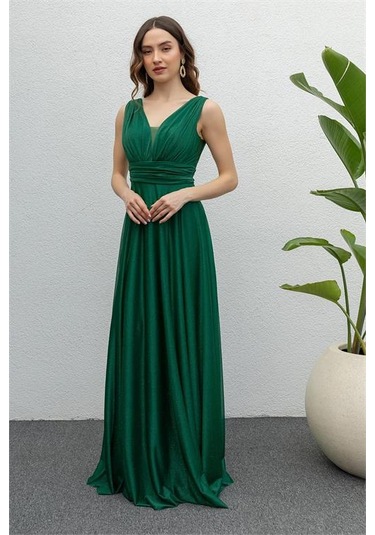 Neşeli Butik Kadın Zümrüt Drapeli Tül Abiye Elbise Nb2030 Yeşil