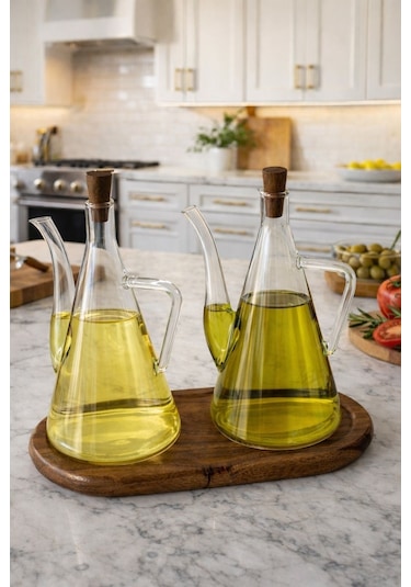 Qerhome Akasya Stantlı Borosilikat Cam Akasya Kapak Glazzy Yağlık Seti 500 Ml + 500 Ml Düz Şeffaf