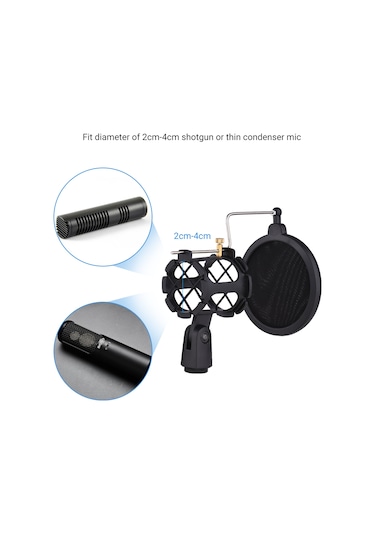 Ranyeek Plastik Mikrofon Şok Absorbörü Gürültü Engelleyici Ağı + Metal Çubuk - 2-4cm Çaplı Mikrofonlar İçin - Siyah