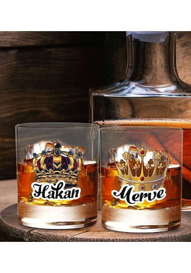 Bk Gift Kişiye Özel İsimli Dtf Kral Kraliçe Tacı Tasarımlı İkili Viski Kadeh Seti, Arkadaşa Hediye, Sevgiliye Hediye Kobitmeyencom30421 Bk Gift