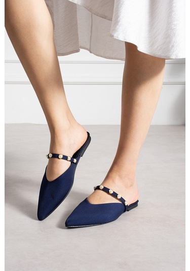 Lorenn Shoes Pearl Lacivert Mat Saten İnci Detaylı Kadın Terlik