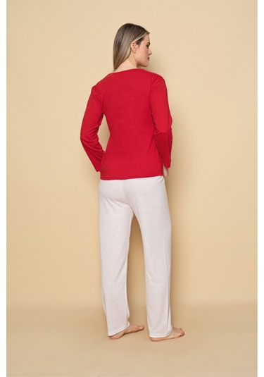 Kadın Penye Sıfır Yaka Bej Renk Uzun Kollu Pijama Takımı Kırmızı Beyaz
