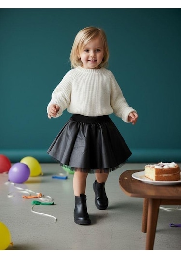 Zekids Kız Bebek Deri Kloş Etek-16546 Siyah