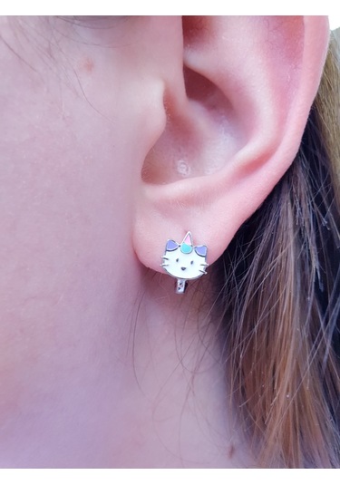 925 Ayar Gümüş Mineli Kedili Çocuk Küpesi Gümüş Renk