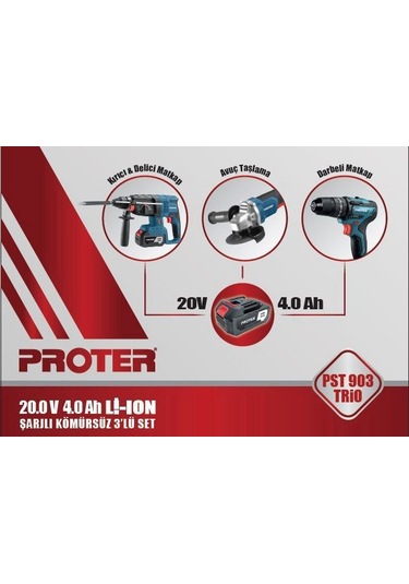 Proter PST 903 Trio Şarjlı Delici Kırıcı Matkap + Avuç Taşlama + Darbeli Matkap 3'lü Set