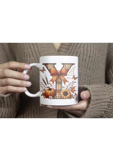 Y Harfi Ekose Ve Sonbahar Temalı Kupa Bardak - Kişiye Özel Sıcak Tonlar Alfabe Kupa - Hediye Beyaz